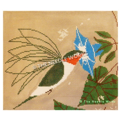 hummingbird with blue flower on beige background