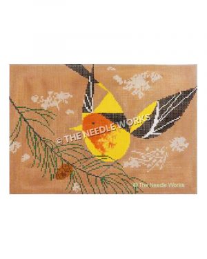 yellow and orange bird with black and white wings on pine branch on beige background