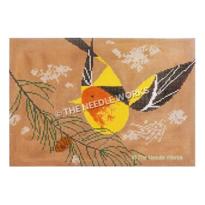 yellow and orange bird with black and white wings on pine branch on beige background