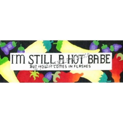 yellow, purple and red peppers on black background with text "I'm still a hot babe but now it comes in flashes"