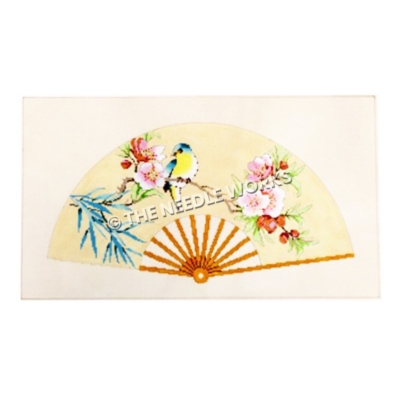 yellow fan with blue and yellow bird on branch with pink flowers and blue leaves
