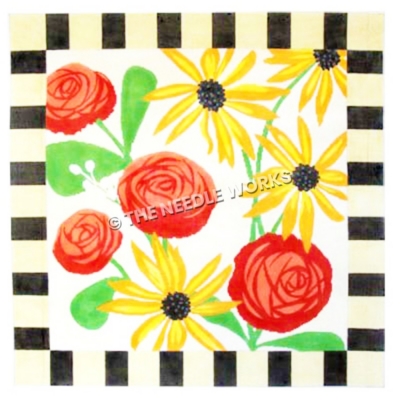 red and yellow flowers on white background with yellow and black squared border