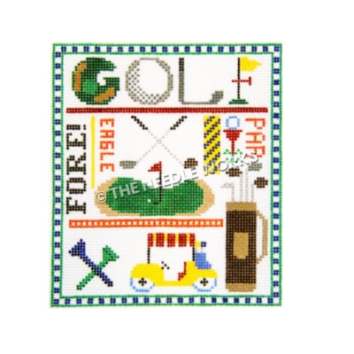 golf theme square with golf course with pin, clubs, cart, tees, and words FORE!, EAGLE, PAR and GOLF written with blue and white square patterned border