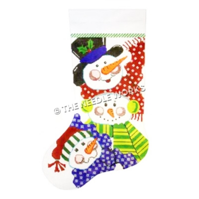stocking with 3 snowmen in blue, green and red scarves