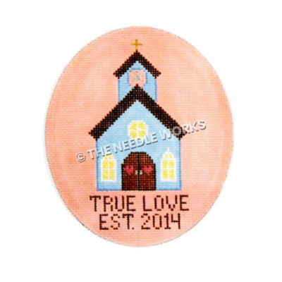 blue church with black roof and yellow cross on top on pink oval with TRUE LOVE EST. 2014 written in black below