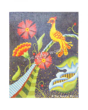yellow and red bird on blue and silver and green geometric patterned branch with red and orange flowers and green and blue leaf with red, yellow, and green striped pattern on dark blue background