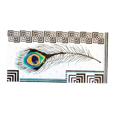 peacock feather with black and white geometric square border