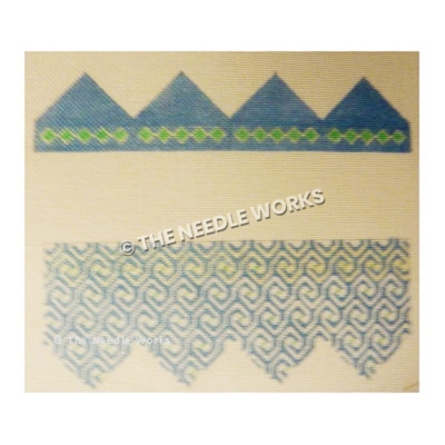 3D teardrop ornament with blue triangles with green diamond border at bottom and blue and white geometric patterns at bottom