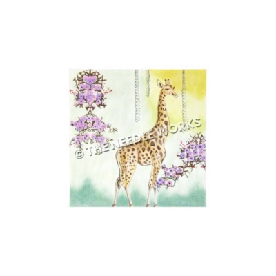 giraffe with purple hanging flowers on green and yellow background
