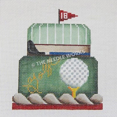 two-tiered green cake with golf ball, blue club, and red 18th pin on top