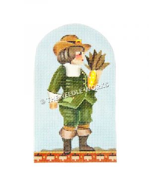 brunette pilgrim boy wearing green suit with brown boots carrying corn on blue background
