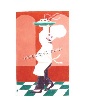 chef carrying large plate of spaghetti on a green and white checkered floor and red walls