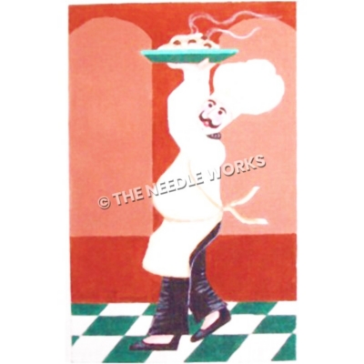 chef carrying large plate of spaghetti on a green and white checkered floor and red walls