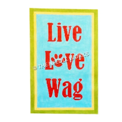 Live Love Wag in red letters on blue background with green and yellow border