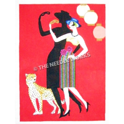 woman in red, and multi-colored striped pencil dress wearing a blue hat and holding a gold mask standing next to a leopard on red background