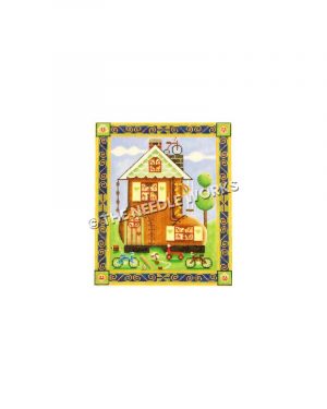 old woman and the shoe with many faces looking out window of shoe house, bicycles and sports equipment in yard, and swings hanging from house with gold and blue decorative border