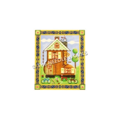 old woman and the shoe with many faces looking out window of shoe house, bicycles and sports equipment in yard, and swings hanging from house with gold and blue decorative border