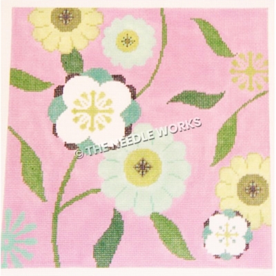 yellow, blue, green and white flowers on pink background