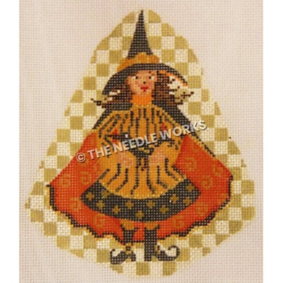 brunette witch in black and gold dress and hat with red cape with gold swirls on gold and white checkered background