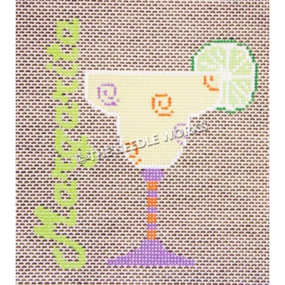 margarita glass with purple and orange swirls and purple and orange stem with Margarita written in green