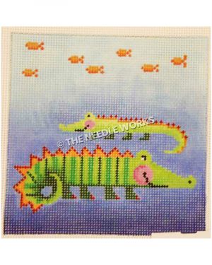green alligators with orange and red backs and goldfish above on blue background