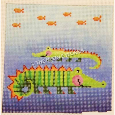 green alligators with orange and red backs and goldfish above on blue background