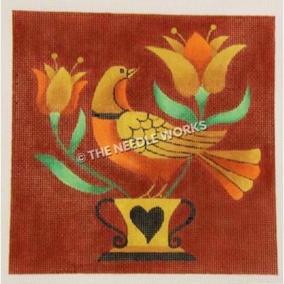 gold and orange bird and birds on black and gold vase with red background