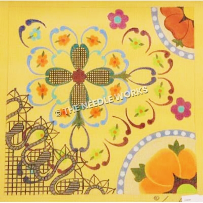 green, orange, purple, and blue flowered patterns in sampler sections on yellow background