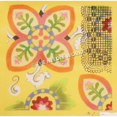 pink, yellow, and blue flowered patterns in sampler sections on yellow background