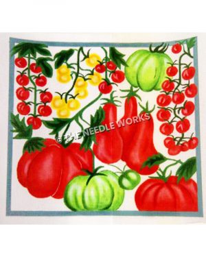 variety of red, green and yellow vegetables with blue border