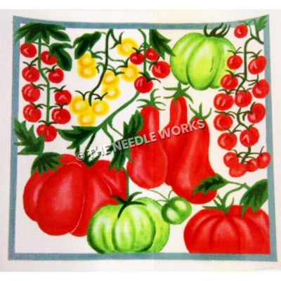 variety of red, green and yellow vegetables with blue border