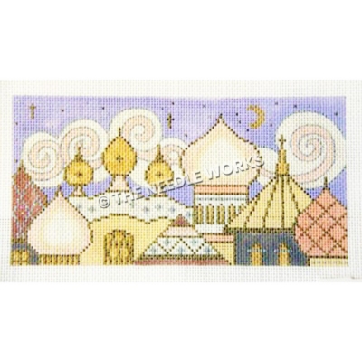 roofs of buildings with domed roofs in yellow and pink with swirled clouds in pink and white with stars and crescent moon