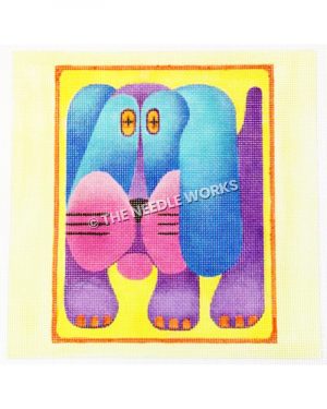 blue, pink and purple dog on yellow background