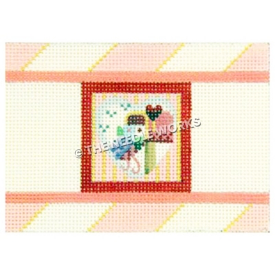 heart with pink mailbox and and heart shaped flag with pink and yellow striped background and red border