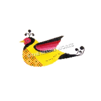 yellow bird with pink and black heads and wings and black tail