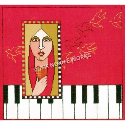 blonde woman holding heart framed with piano border and pink background with outlines of birds in black and gold