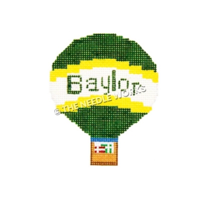 Baylor hot air balloon with green, gold and white and Baylor written in green and gifts in basket