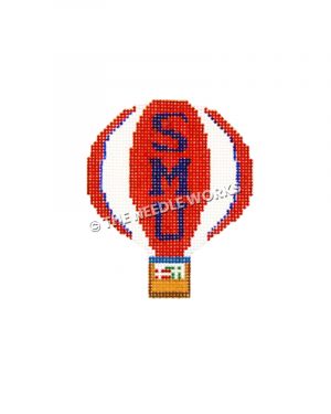 hot air balloon with red and white stripes and SMU written in blue with gifts in basket