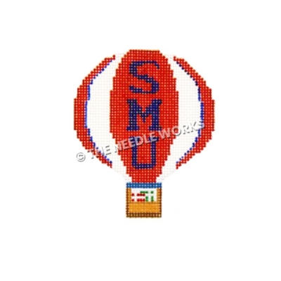 hot air balloon with red and white stripes and SMU written in blue with gifts in basket