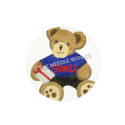 ornament with teddy bear in SMU shirt and holding white and red gift