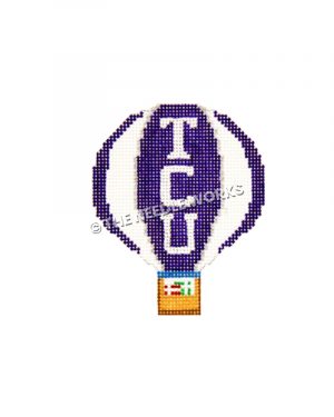 purple and white hot air balloon with TCU written in white and gifts in basket