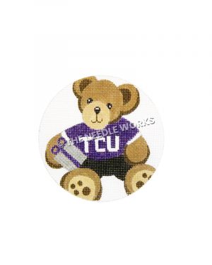 ornament with teddy bear wearing TCU shirt and carrying a silver and purple gift