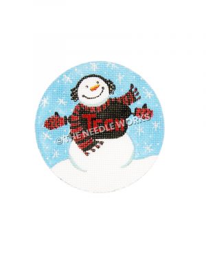 ornament with snowman wearing black and red Tech sweater and scar with blue background and snowflakes