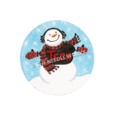 ornament with snowman wearing black and red Tech sweater and scar with blue background and snowflakes