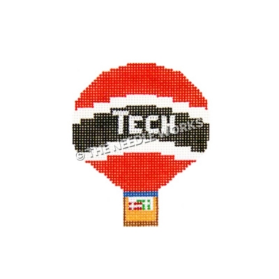 red and black hot air balloon with TECH written in white and presents in basket