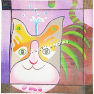 pink, brown, yellow and red cat with green stripes on pink background with splash of water coming up from cat's head