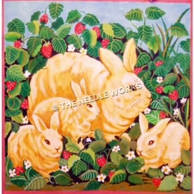 yellow bunnies in patch of strawberries with white flowers
