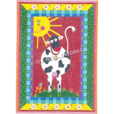 black and white cow with small duck on red background with sun and multiple patterned and colorful border