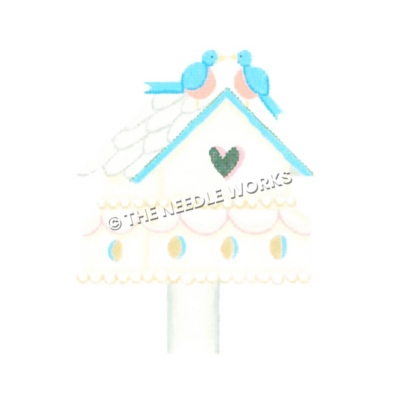 white bird house with blue trim, heart-shaped opening and two blue birds sitting on roof