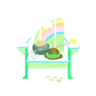 leprechaun hat and pot of gold on green and white adirondack chair with rainbow on back